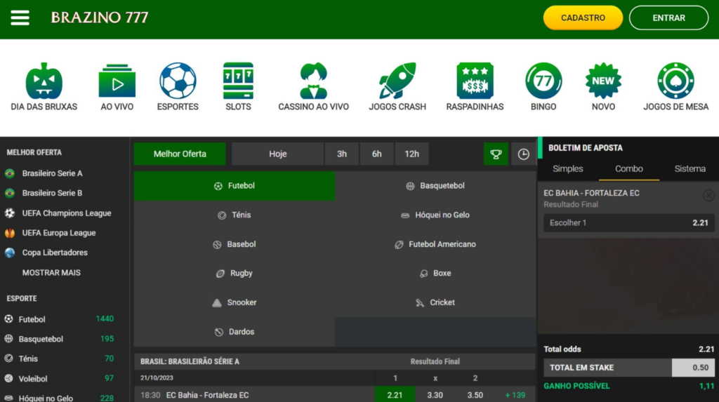 Screenshot mostra página de mercados de futebol da Brazino apostas